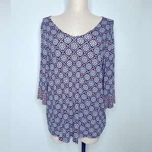 J. Jill Wearever Top V-Neck Medallion Print 3/4 Sleeves Shirt Size Medium